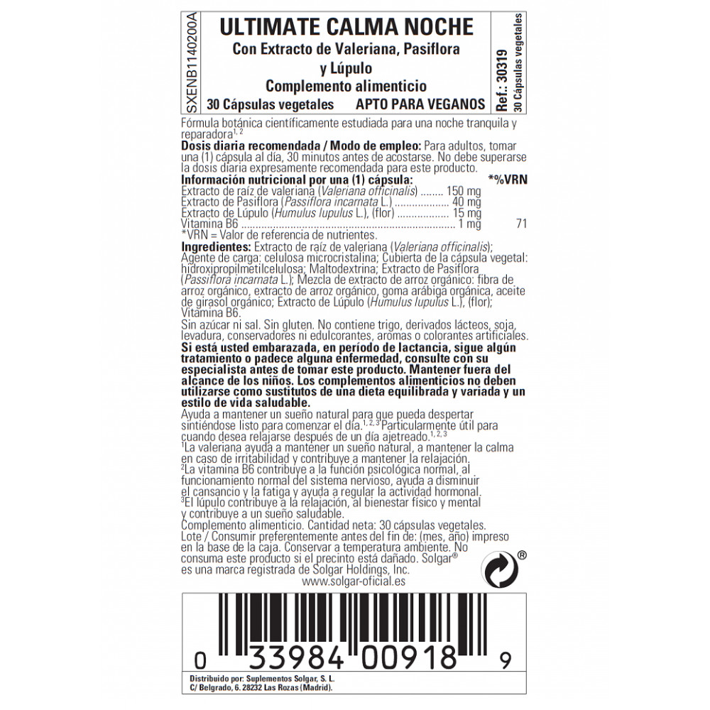 Comprar ULTIMATE CALM NIGHT 30 CAP SOLGAR online - Farmacia Coliseum