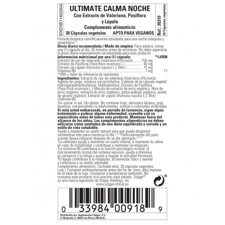 Comprar ULTIMATE CALM NIGHT 30 CAP SOLGAR online - Farmacia Coliseum
