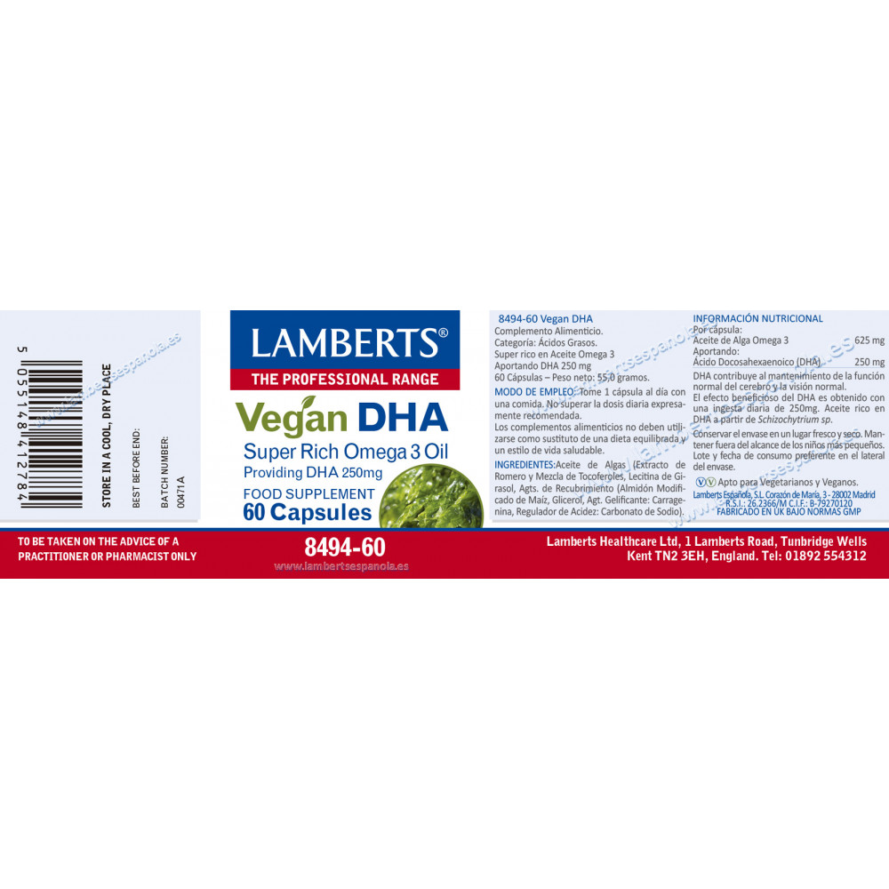 Comprar VEGAN DHA 250MG 60 CAPS LAMBERTS online - Farmacia Coliseum