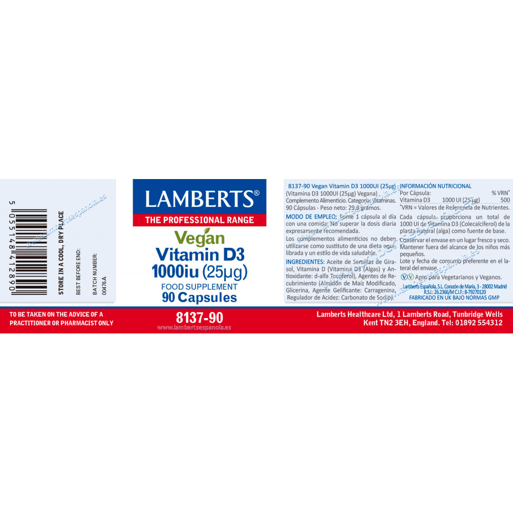 Comprar online VEGAN VITAMINA D3 1000UI 90 CAP LAMBERTS - Coliseum