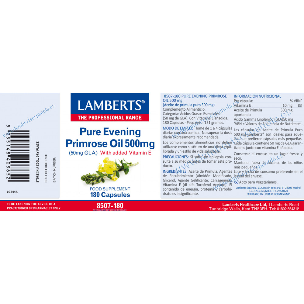 Comprar PRIMULA (EVENING PRIMROSE) 500 MG 180 CAP LAMBERTS online