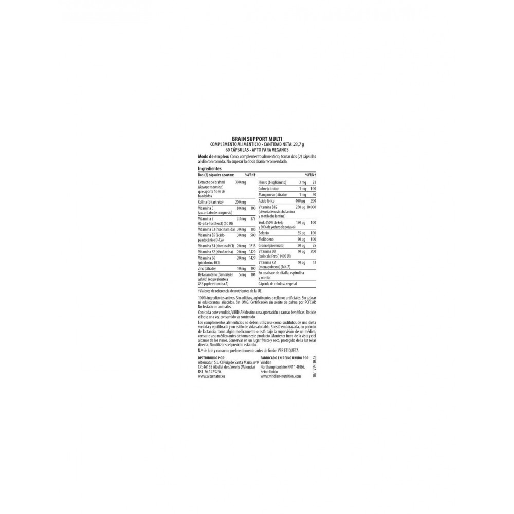Comprar BRAIN SUPPORT MULTI 60 CAP VIRIDIAN online - Farmacia Coliseum