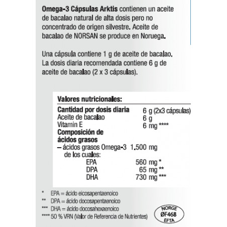 Comprar OMEGA 3 ARKTIS ACEITE HIGADO BACALAO 120 CAP NORSAN online - Farmacia Coliseum