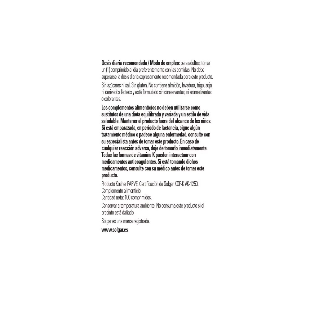 Comprar online VITAMINA K1 NATURAL 100 MCG 100 COMP SOLGAR - Farmacia Coliseum