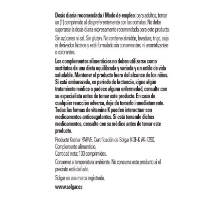 Comprar online VITAMINA K1 NATURAL 100 MCG 100 COMP SOLGAR - Farmacia Coliseum