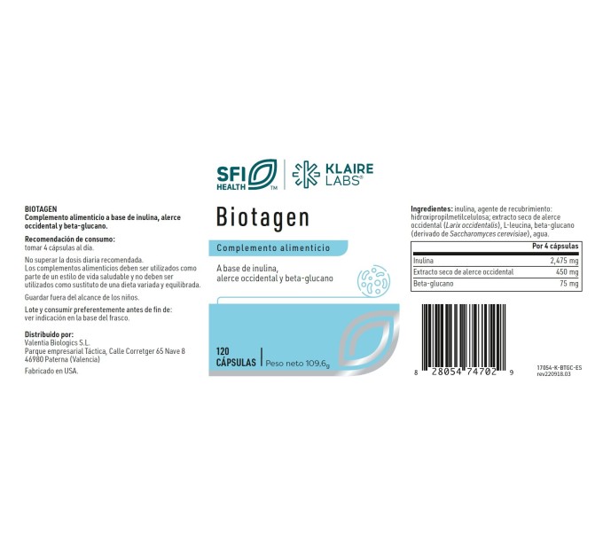 Comprar BIOTAGEN 120 CAP KLAIRE VALENTIA BIOLOGICS online - Coliseum