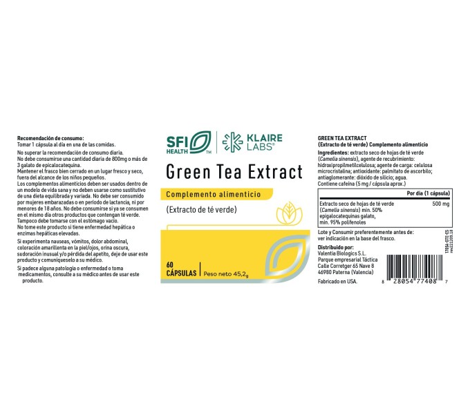Comprar GREEN TEA EXTRACT 60 CAP SFI HEALTH KLAIRE LABS online