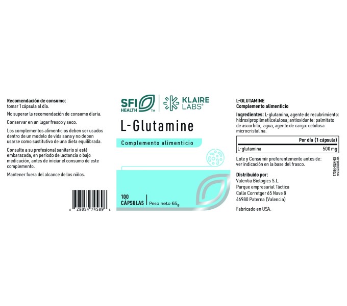 Comprar GLUTAMINA 500 MG 100 CAP SFI HEALTH KLAIRE LABS