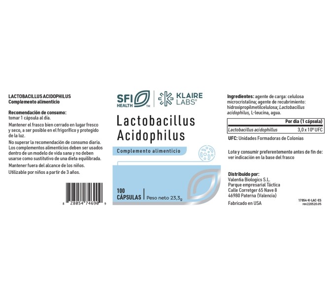Comprar LACTOBACILLUS ACIDOPHILUS 100 CAP SFI HEALTH KLAIRE LABS online- Coliseum