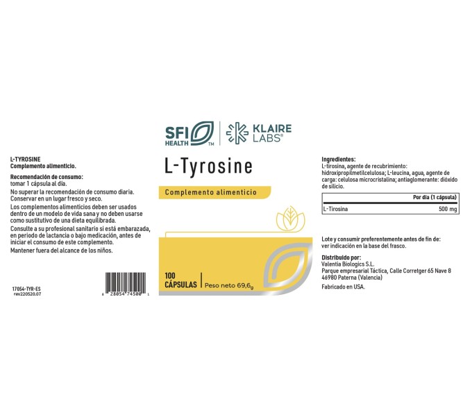 Comprar TIROSINA 500 MG 100 CAP SFI HEALTH KLAIRE LABS online