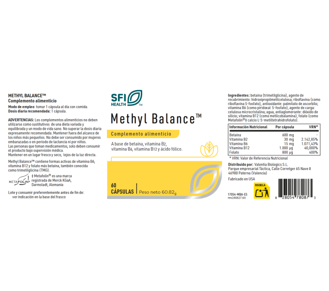 Comprar METHYL BALANCE 60 CAP KLAIRE ALB VALENTIA BIOLOGICS online - Farmacia Coliseum