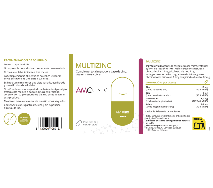 Comprar MULTIZINC ZINC B6 COBRE 60 CAP AMCLINIC online - Coliseum