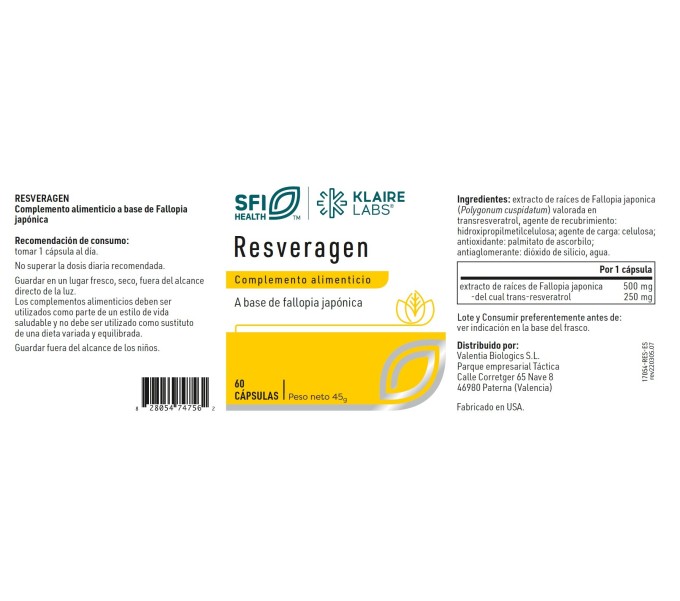 Comprar RESVERAGEN 60 CAP SFI HEALTH KLAIRE LABS online - Farmacia Coliseum