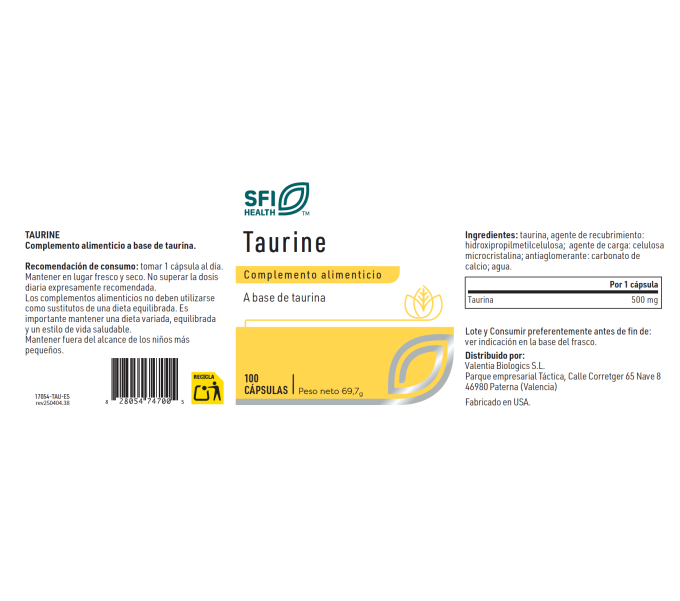 Comprar online TAURINA 500 MG 100 CAP SFI HEALTH KLAIRE LABS