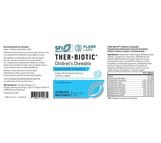 THER BIOTIC CHILDREN'S CHEWABLE 60 COMP MASTIC SFI HEALTH KLAIRE LABS