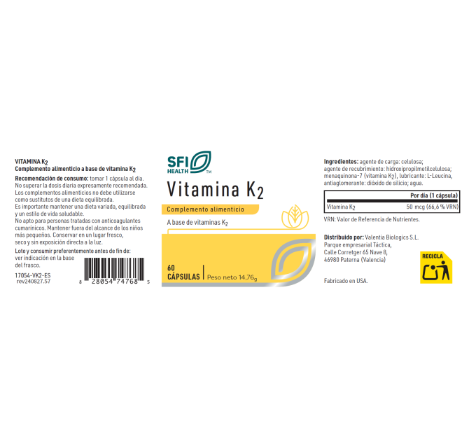 Comprar VITAMINA K2 50 MCG 60 CAP SFI HEALTH KLAIRE LABS online