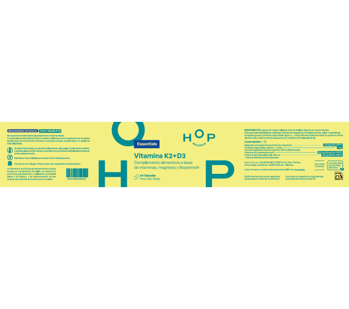 Comprar online VITAMINA K2 D3 60 CAP HOP VALENTIA BIOLOGICS - Farmacia Coliseum