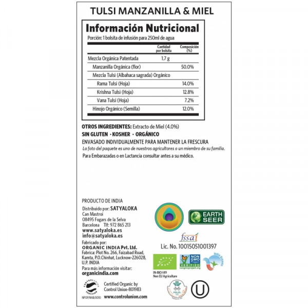 TULSI MANZANILLA MIEL (ESTRES/REGENERA) 18 SOBRES ORGANIC INDIA SATYALOKA