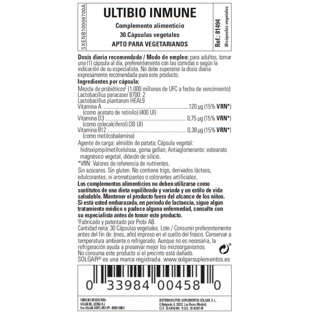 Comprar online Ultibio Immune 30 cap Solgar - Farmacia Coliseum