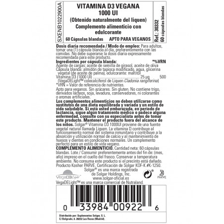 Comprar VITAMINA D3 VEGANA 1000 UI 60 CAP SOLGAR online - Farmacia Coliseum
