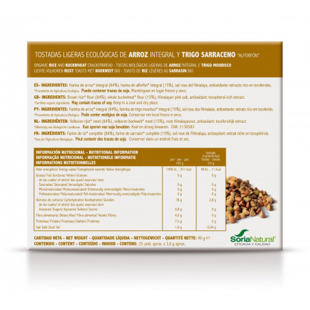 Comprar online TOSTADAS LIGERAS ARROZ INTEGRAL Y TRIGO SARRACENO SORIA NATURAL - Farmacia Coliseum