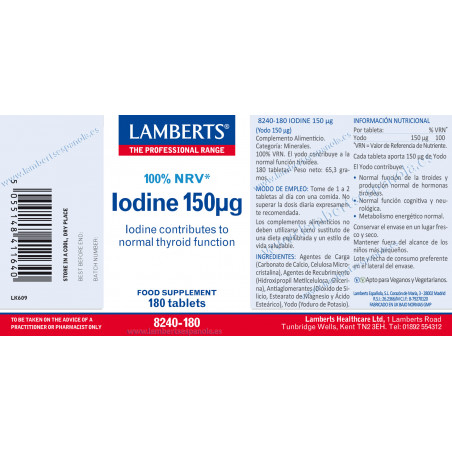 Comprar online IODINE 150 MCG 180 COMP LAMBERTS - Farmacia Coliseum
