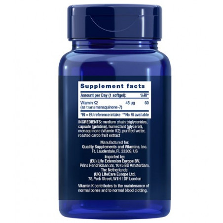 Comprar online LOW-DOSE VITAMIN K2 45 MCG 90 PERLAS LIFE EXTENSION - Farmacia Coliseum