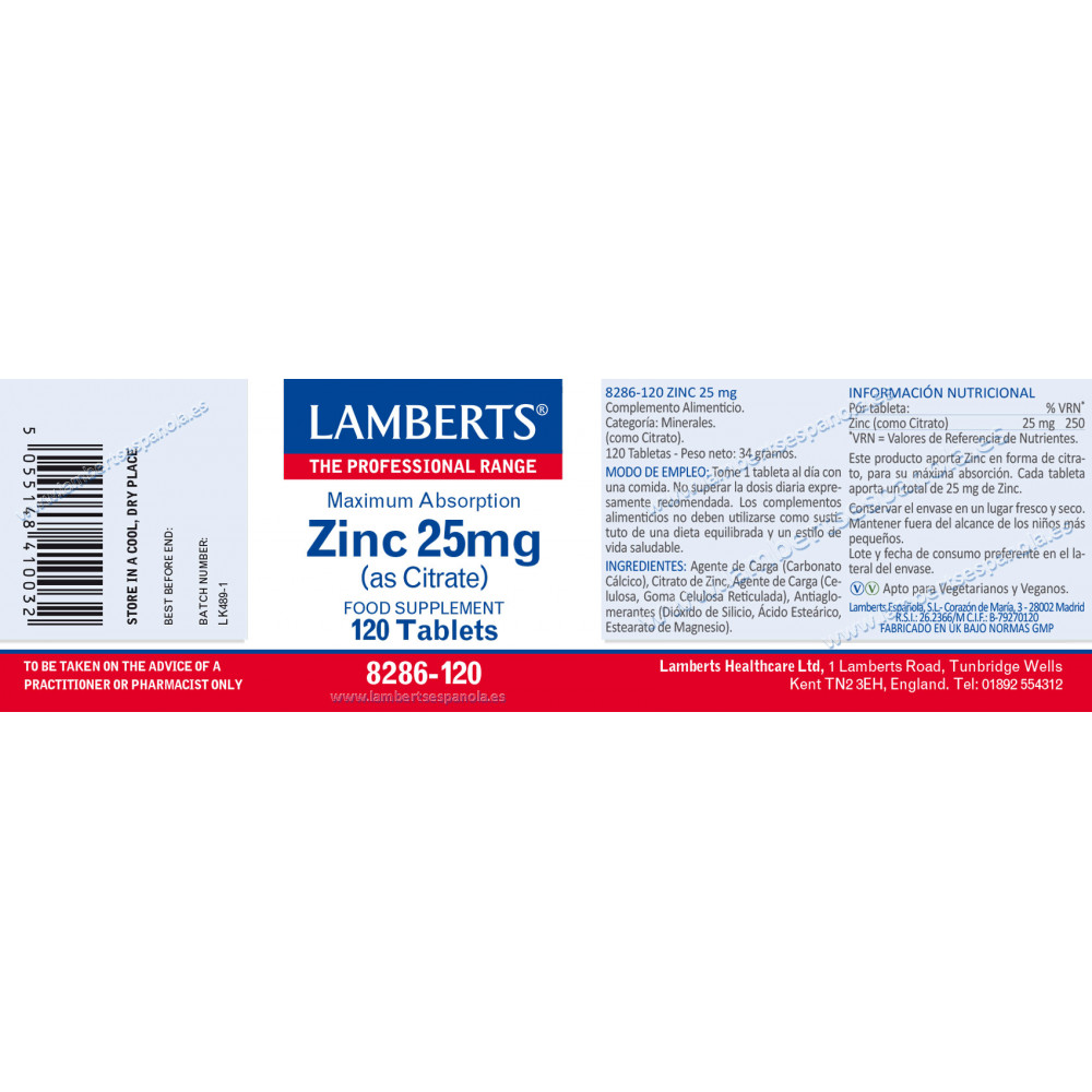 Comprar  ZINC 25MG (CITRATO) 120 TABS LAMBERTS - Farmacia Coliseum